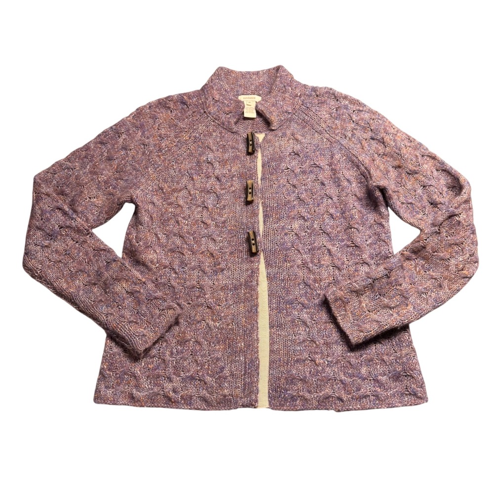 Sundance Wool Alpaca Blend Cable Knit Toggle Cardigan Sweater Purple Heather M